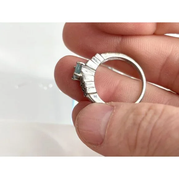 Natural Aquamarine Geoemtric 925 Sterling Silver Vintage Ring - sz 7.25 - Picture 13 of 16
